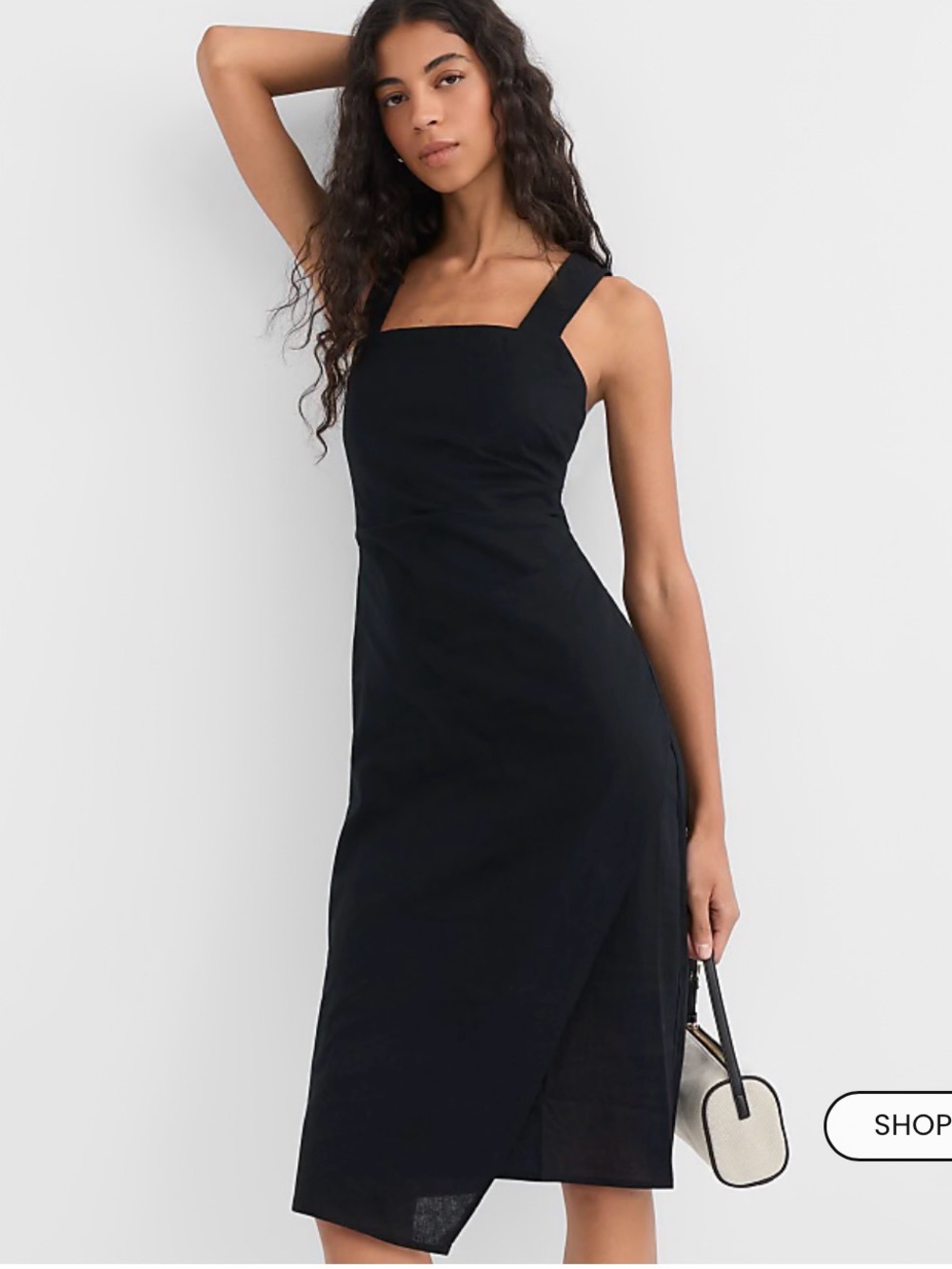 LOFT Ruched Linen Cotton Square Neck Midi Dress | Black | Size 2